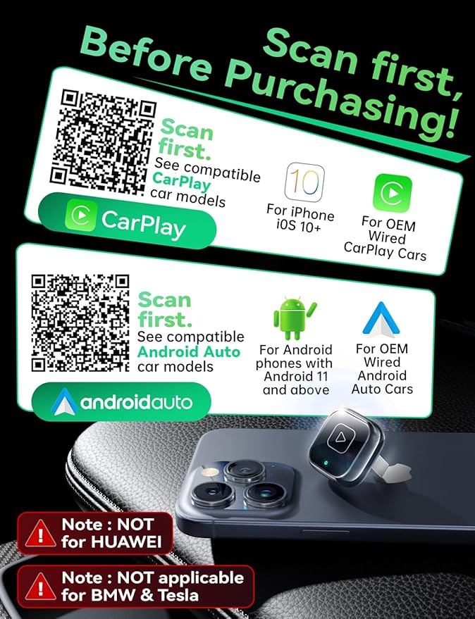 Wireless Carplay & Android Auto Adapter, Metal Design Mini & Stable 2-in-1 Dongle, Convert Vehicle's Wired CarPlay/Android Auto to Wireless, for iOS 10+/Android 11+ & Cars from 2016