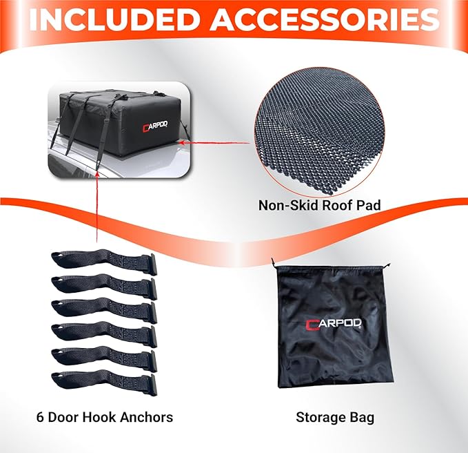 Car Rooftop Cargo Carrier Bag, 15 Cubic ft. 100% Waterproof Roof Bag & Zippers, for All Cars with/Without Racks, 10 Heavy Duty Straps 1.5” Wide, Heat Welded Seams, Roof Pad +Storage Bag +6 Door Hooks