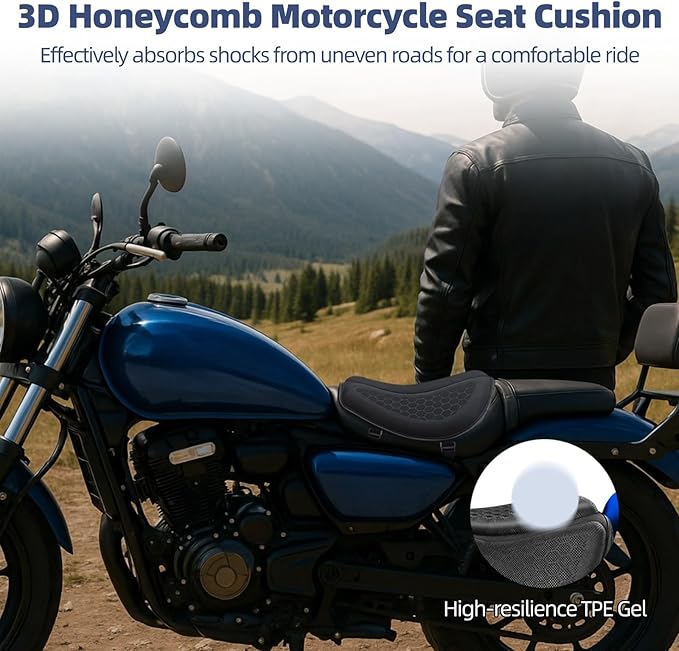 OMISTAR Motorcycle Seat Cushion, Shock Absorbing Gel Seat Pad with 3D Honeycomb Design, Breathable Cooling Pad, Anti-Slip & Foldable Seat Cushion Pad, Fits Most Motorcycles Long Rides