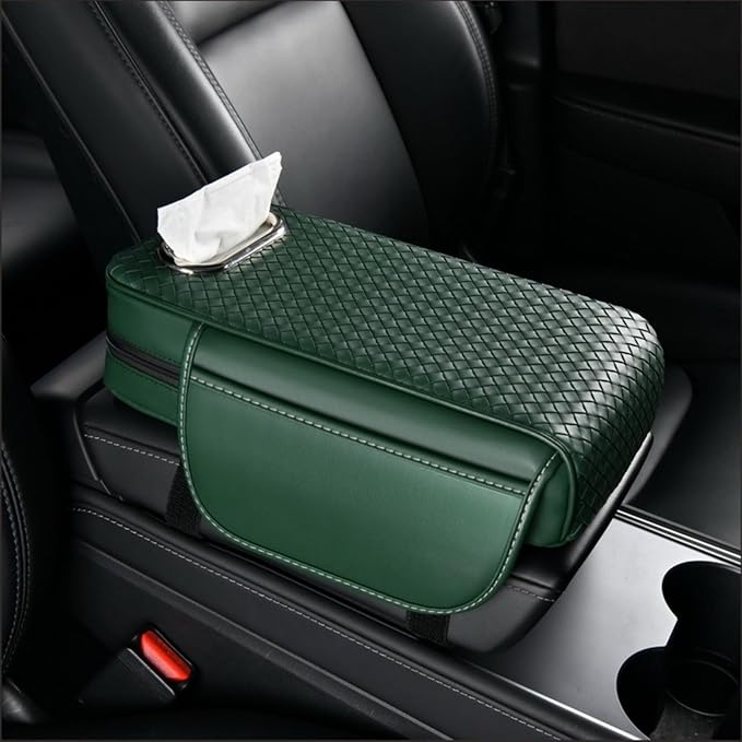 Car Armrest Cushion Cover Car Center Console Memory Foam Booster Pad with Storage Pocket and Tissue Hole for Sedan Vehicle (Green, 12.99 * 7.09 * 2.95'' / 33 * 18 * 7.5 cm)