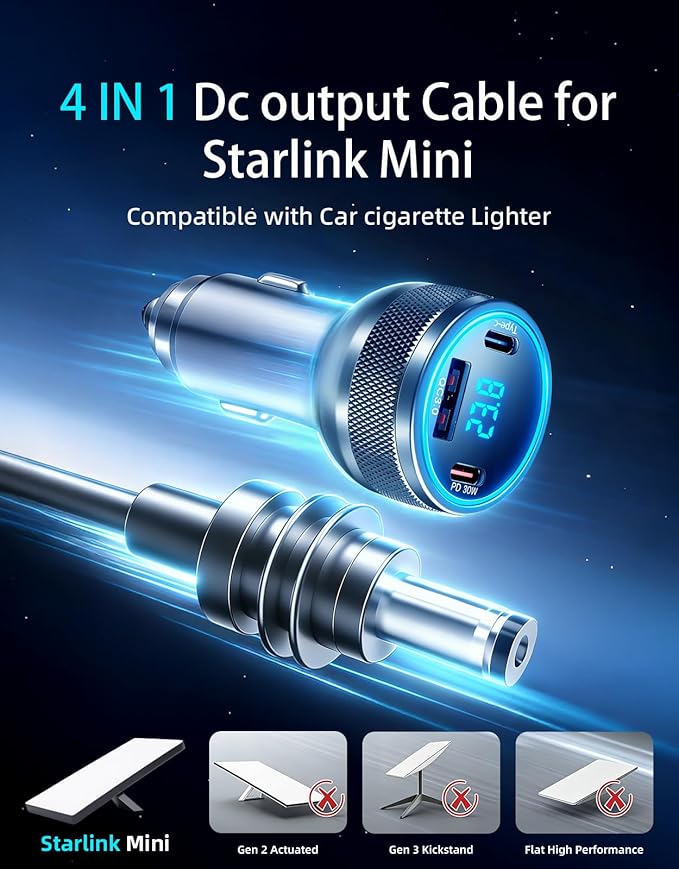 Starlink Mini Cable, 4-in-1 Starlink Mini Car Charger DC Power Cable + 12V-24V Cigarette Lighter Adapter with Digital Display, USB-C PD 45W and Dual USB-A 35W Ports for Cars, Suitable for Cars (10FT)