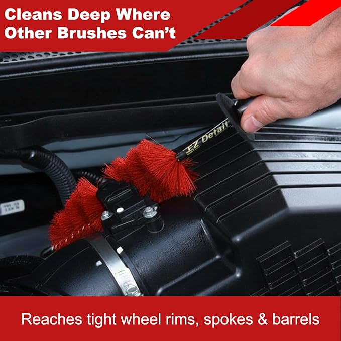 EZ Detail Brush Little - Red - Wheel Rim Cleaner for Cars, Bike, Trucks, Motorcycle, and Other Vehicles. Non-Scratch Auto Detailing Tool, Easily reaches Nook and Crannies