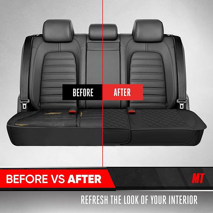 Motor Trend Rear Seat Cushion - Black Diamond Stitched Faux Leather Rear Seat Cover for Cars, Trucks, SUVs - Padded, Waterproof, Non-Slip Back Seat Cover with Storage Pockets