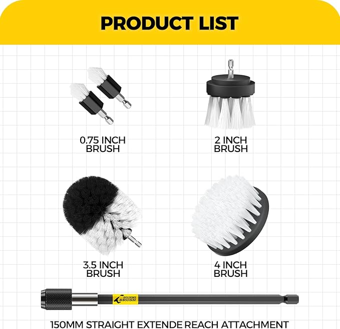 Holikme 6Pack Drill Brush Power Scrubber Cleaning Brush Extended Long Attachment Set All Purpose Drill Scrub Brushes Kit for Grout, Floor, Tub, Shower, Tile, Bathroom and Kitchen Surface White