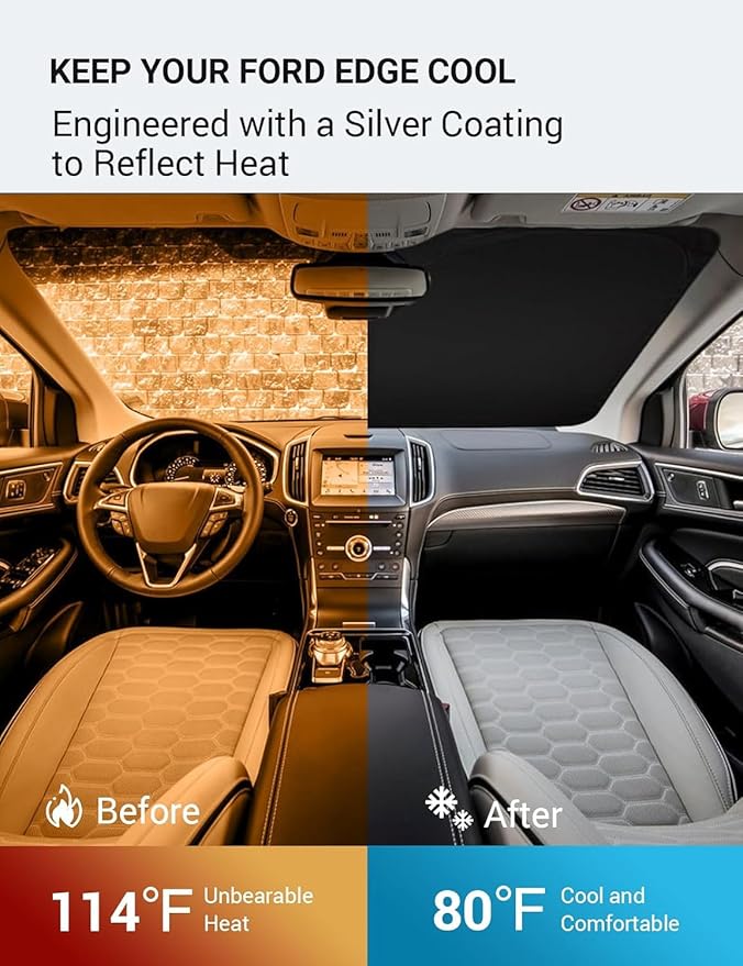Proadsy 2026 Upgrade Windshield Sun Shade Custom Fit 2015-2024 Ford Edge Foldable Front Sunshade Protector Sun Visor Blocks UV Rays Keep Car Cooler