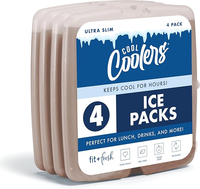 Cool Coolers by Fit & Fresh Slim Ice Packs, Quick Freeze Reusable Ice Packs for Lunch Boxes & Coolers, Long-Lasting, Space Saving Lunch Ice Packs, Taupe, 4Pk