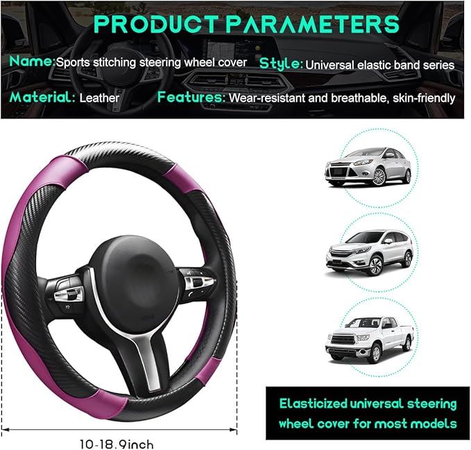 Car Steering Wheel Cover, 15 inch Carbon Fiber Microfiber Leather Elastic Steering Wheel Protector, Breathable Anti-Slip Comfortable Steering Wheel Covers for Most Cars (Black&Purple)