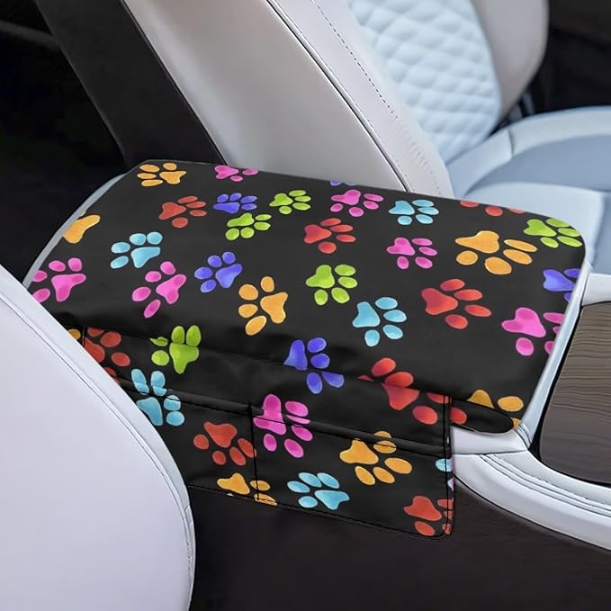 Dreaweet Dog Paw Center Console Armrest Pad Cover Cute Car Accessories for Women Comfy Anti-Scratch Middle Console Covers with Pockets Universal Car Armrest Storage Box Mat for SUV Trucks Sedan Van