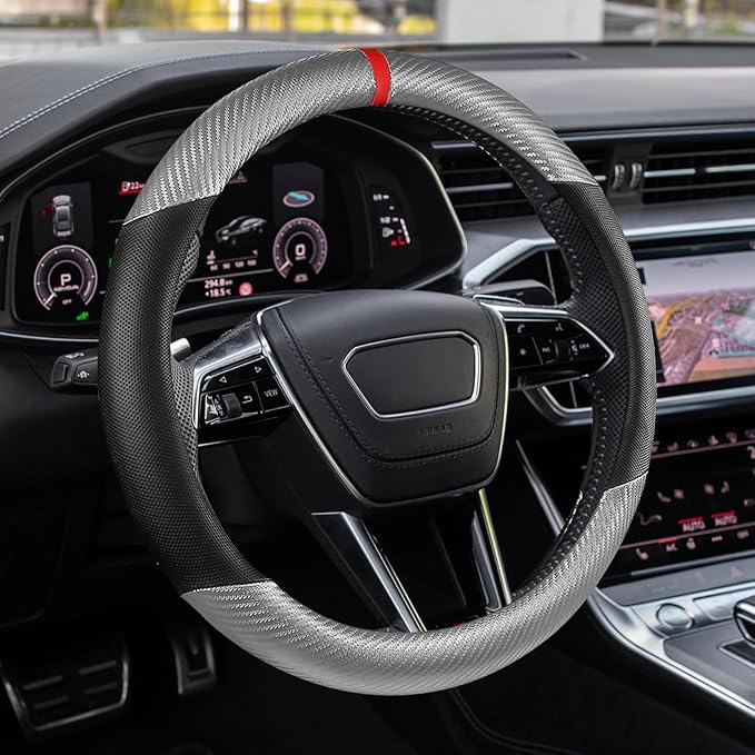 Car Steering Wheel Cover, Steering Wheel Accessories, 15 Inch Microfiber Leather Carbon Fiber Soft Anti-Slip Breathable, Car Accessories Elastic Non-Slip Cover for Most Vehicles (Gray Silver)