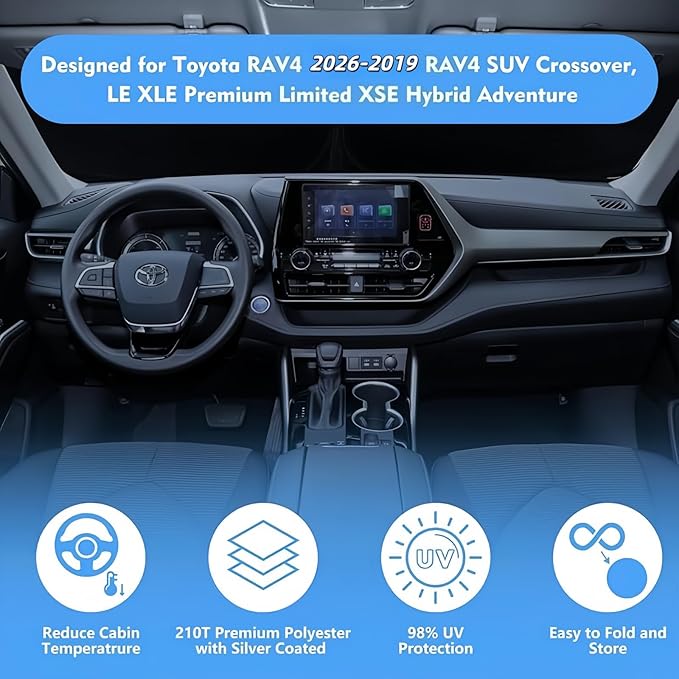Windshield Sun Shade Fit 2026 2025 2024 2023 2022-2019 Toyota RAV4 Prime LE Hybrid XLE XLE Premium Adventure TRD Off Road Front Window Sunshade Accessories SUV Sun Visor UV Protector Heat Shield Cover