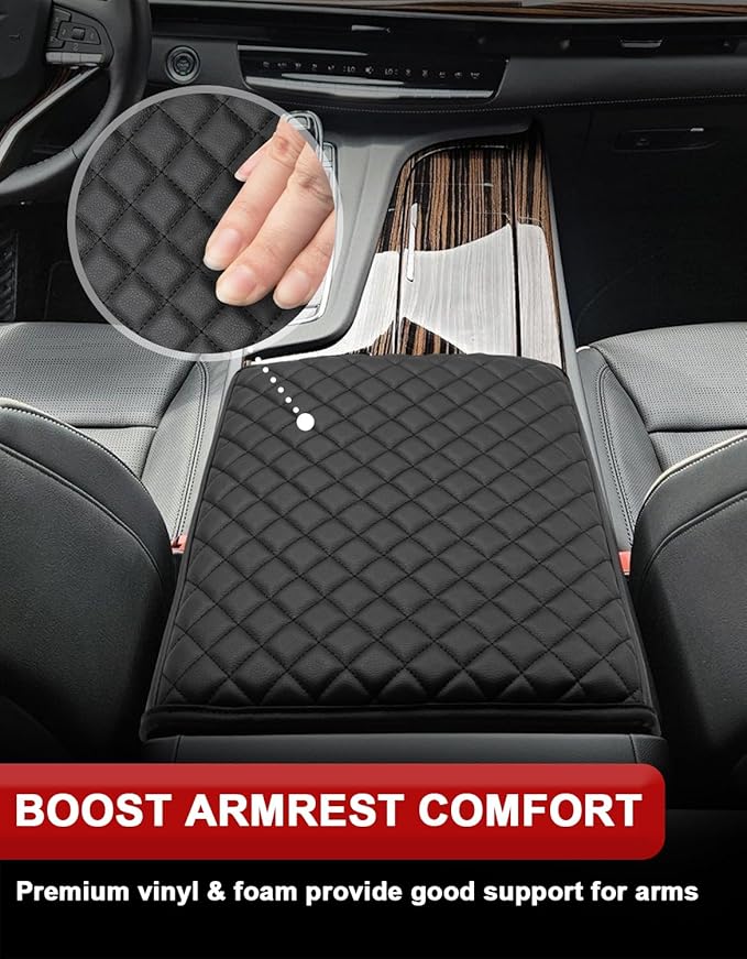 KBH Center Console Armrest Cover for Cadillac Escalade 2021-2026, Vinyl Leather, Car Arm Rest Lid Protector Cushion, Interior Accessories, Anti-Scratch, Black