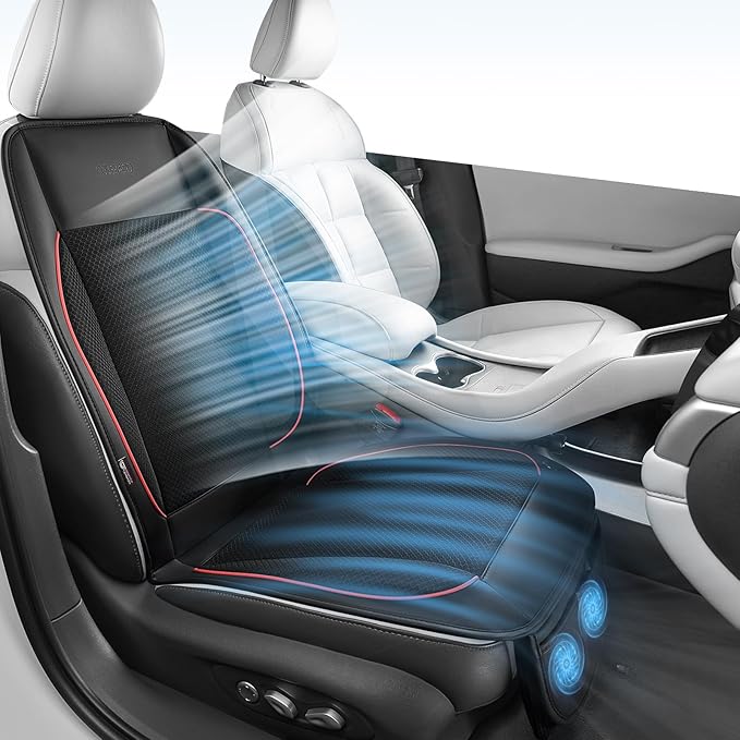 Coverado Cooling Car Seat Cushion, Universal Front Seat Cover 12V-24V Ventilated 3D Mesh Breathable Pad with 3 Speed Mode Dual Fan for Cars SUV Heatwave Driving Black&Red