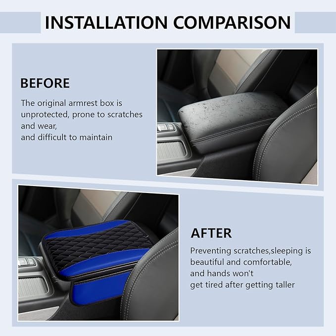 Leather Car Center Console Cover,Upgraded Center Console Cushion Pad with Side Pockets,Patchwork Arm Rest Cover for Car,Waterproof Armrest Seat Box Covers,Universal for Most Vehicles (Blue)