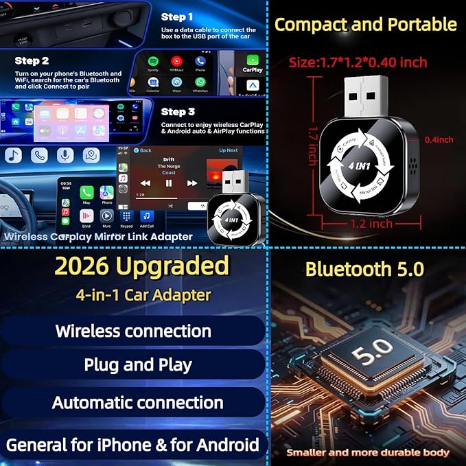 2026 Upgraded 4-in-1 Wireless CarPlay Adapter, Convert Wired to Wireless CarPlay & Android Auto, Support AirPlay & Screen Mirroring, Zero Latency Plug & Play, USB/Type-C for iPhone iOS & Android