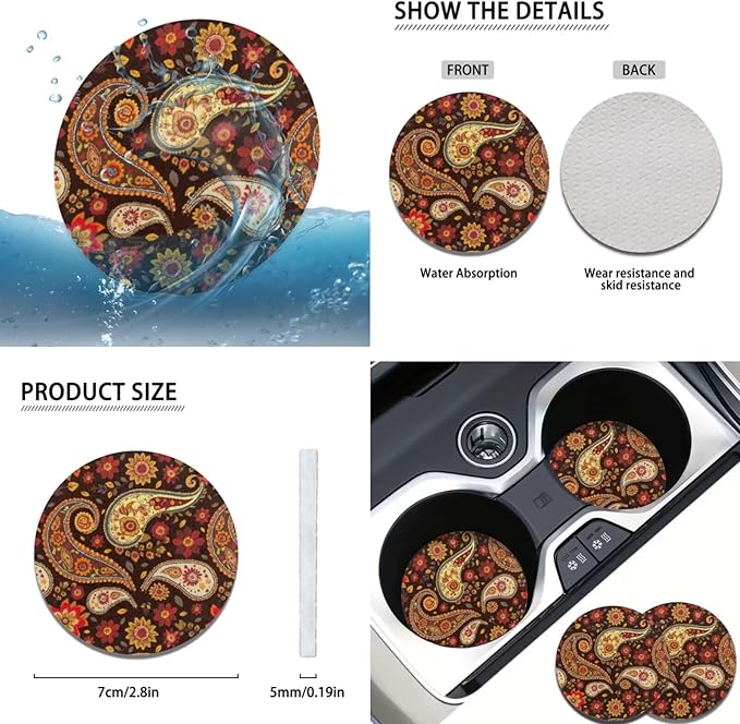 Bandanna Print 6pcs Car Steering Wheel Cover Set for Men Women Car Accessories Handbrake Cover Cup Coaster Auto Interiors Decor for Men Women 6pcs