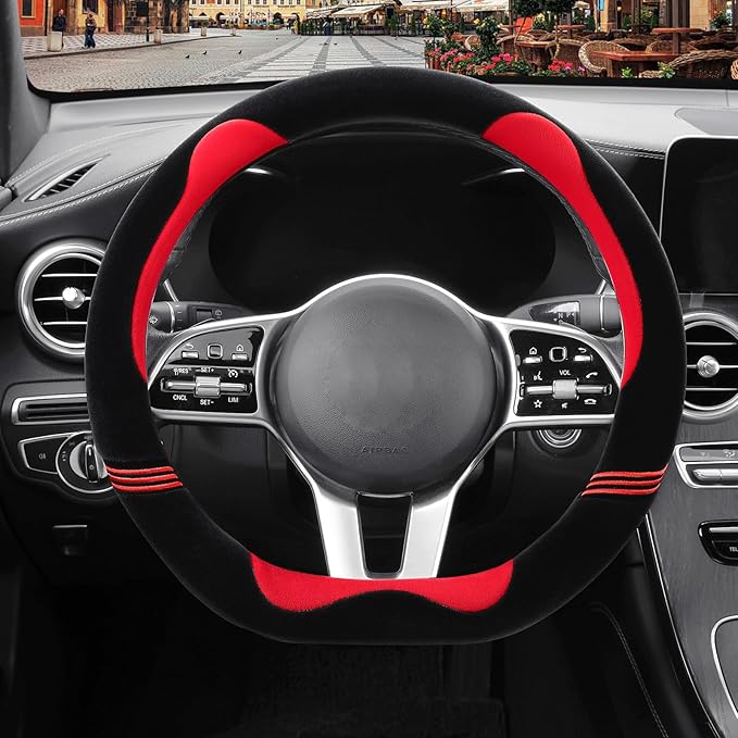 Furry Cute D Shaped Steering Wheel Cover, Soft Fluffy Short Plush Auto Accessories, Non-Slip Cold-Proof Sweat-Proof Colorfast, Universal 15 inch(Black with Red)