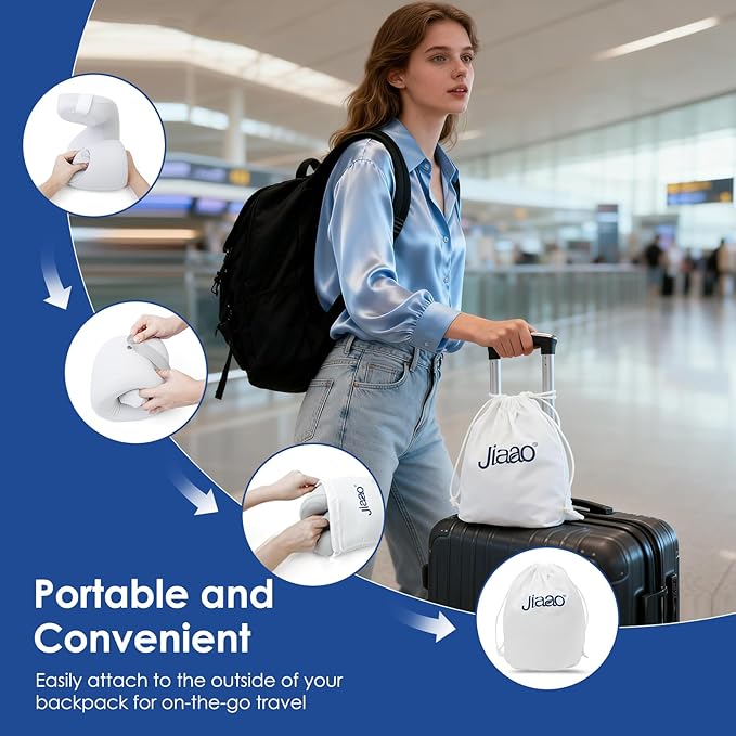 jiaao Memory Foam Neck Pillow for Travel & Airplanes, Adjustable Travel Pillow for Long Flights & Road Trips, Includes Eye Mask, Earplugs & Bag(Gray)
