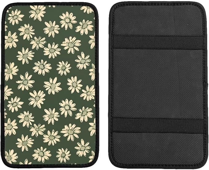 Center Console Cover Sage Green Daisy Middle Console Armrest Lid Hippie Floral Flower Arm Rest Pad Protective Cover for Vehicle SUV Truck Sedans