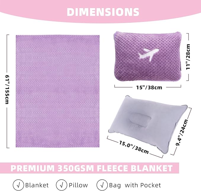 3 in 1 Travel Blanket Pillow Set - 350 GSM Thick Travel Blanket Airplane Compact with Bag, Soft Bag with a Pocket, Inflatable Travel Pillow for Camping & Car Trip (Violet)