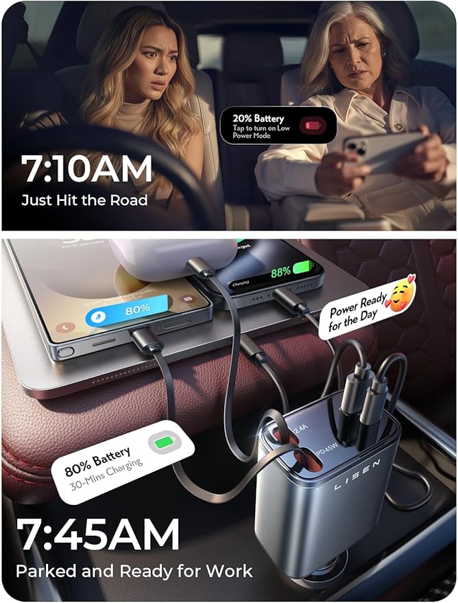 LISEN Retractable Car Charger, Gifts for Mothers Day, Upgrade 84W Car Charger USB C Fast Charge, 2026 Unique Car Accessories for Mom Dad Him Her Men Women, for iPhone 17 16 15 14 13