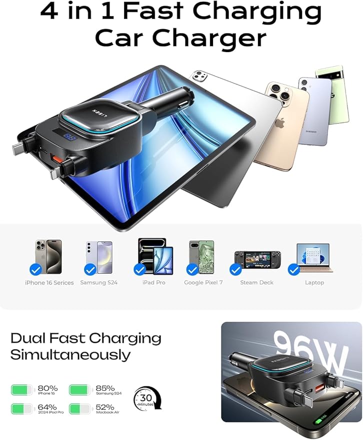 LISEN Only for Trucks 96W Fast Charging Retractable Car Charger[USB C Cable & L Cable], 4 in 1 Retractable Car Charger Fast Charging for iPhone 17 Pro Max 16 15 14 13, Samsung Galaxy S25/24,Grey