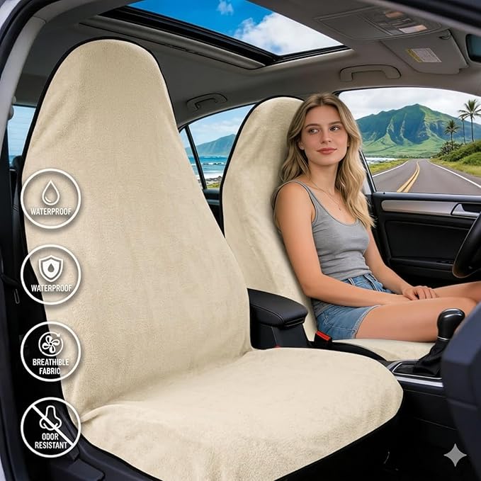 ZIMABLUE 2PC Waterproof Towel Car Seat Covers - 1kg Heavy Duty 3-Layer Microfiber Sweat Protector for Bucket Seats - Non-Slip Machine Washable Universal Fit for Gym, Yoga, Beach, Pets & Outdoors-Beige