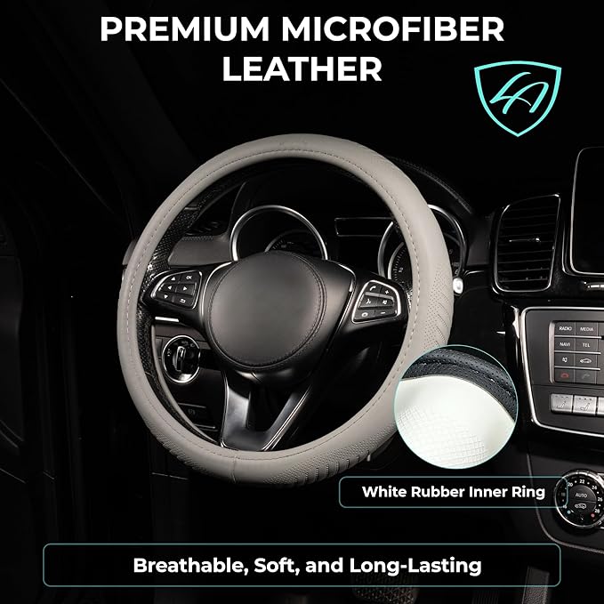 Lord Autofashion Steering Wheel Cover – PU Leather, Non-Slip Rubber Inner, All-Season Comfort – 14.5–15 Inch (Grey 9356)