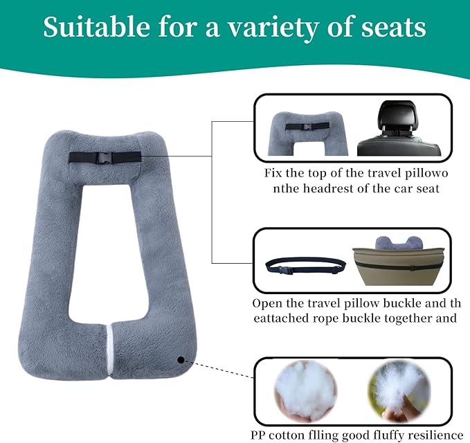 Travel Pillow Upgraded Version of Aircraft Travel Neck Pillow with Storage Bag, Sleep Pillows for Travel by Train, Car, or Plane, Supporting the Head and Body, Travel Pillow for Kids Grey