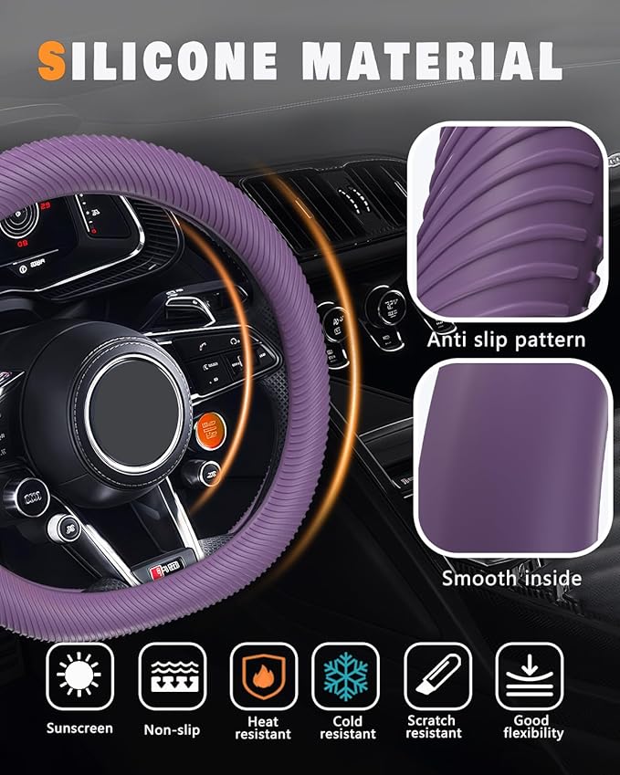 WOCOCN Car Steering Wheel Cover, Thin Anti-Skid Silicone Steering Wheel Cover for Men & Women, Universal Automotive Interior Accessories for Most Cars (Purple)