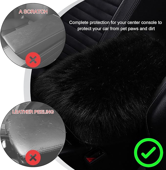 Center Console Cover, 11.81"×7.87" Automotive Fluffy Plush Center Armrest Protector, Universal Furry Comfortable Center Console Pad for Cars Trucks SUVs, Car Accessories (Black)