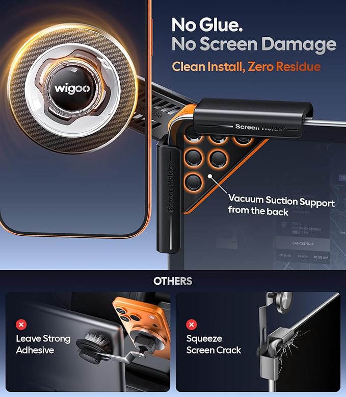 Wigoo Magnetic Phone Mount for Tesla Model 3/Y/S/X Accessories, 【Strongest Magnet & No Blocking View】Screen Side Magnetic Holder for Magsafe iPhone 17-12 & Android - Vacuum & Extendable Arm (No Glue)