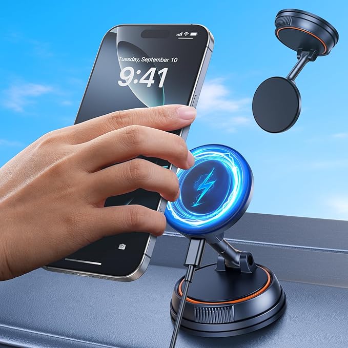 Magnetic Wireless Car Mount Charger Fast Charging, 360°Rotating Dashboard/Windshield Vacuum Suction Cup Phone Holders for Your Car, Car Accessories for iPhone 16 15 14 Pro Max Samsung Tesla