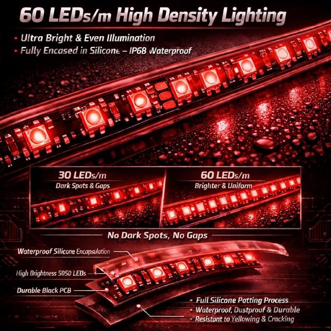 12V Marine Boat LED Light Strip Super Bright, 2 Pack 6.56FT IP68 Fully Waterproof RV Front Cap Lights, Golf Cart Underglow Roof Lights Strip for Truck ATV UTV SUV Car Pickup Trailer, Cuttable, Red