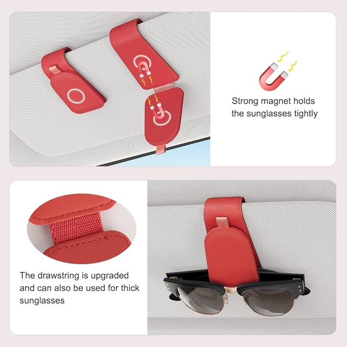 Sotfamily Sunglass Holder for Car Visor, Suede Cloth Magnetic Sunglass Organizer for Car Accessories, 2 Packs, Red