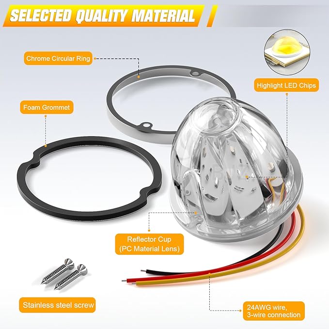 BJZ 4Pcs White Watermelon LED Strobe+Constant Marker Lights Dual Function Watermelon-Shaped Side Marker Clearance Tail Top Cap Roof Lights for Trailer Truck Semi-Trailer Heavy-Duty Truck Bus Van