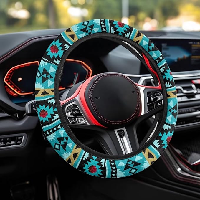 SEANATIVE Universal Steering Wheel Cover, Easy to Disassemble, Non-Slip Soft Steering Wheel Cover, Blue Aztec Print Auto Decor Accessiores