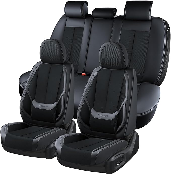 Coverado Front and Back Seat Covers 5 Pieces, Full Set Universal Seat Covers for Cars, Breathable Fabric&Leather Car Seat Protectors, Car Seat Cushions Compatible with Most Sedans SUV Pick-up Truck