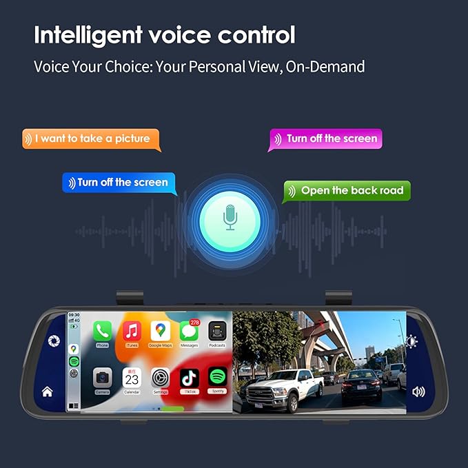 BY-J 10'' Rearview Mirror Camera with CarPlay&Andorid Auto,2K Mirror Dash Cam Front and Rear Backup Camera with Reverse Assist/Loop Record/G Sensor/Voice Control&Split Touch Screen