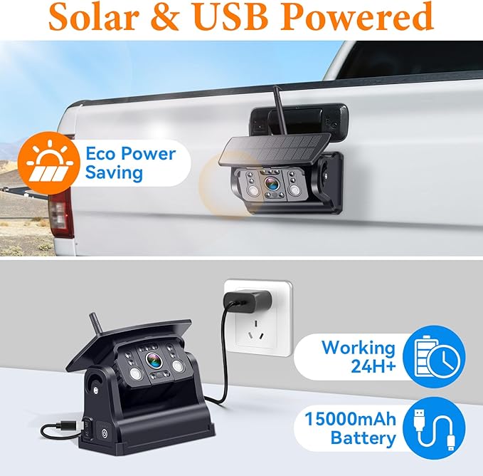 Wireless Backup Camera Solar for Truck: Magnetic Easy Install No Wiring Trailer Hitch Camera for Pickup Trucks - HD 1080P 5 Inch Split-Screen, IR Night Vision