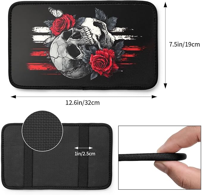 Universal Car Center Console Cushion Pad, Red Flower Skull Soft Waterproof Car Center Console Cover Auto Armrest Seat Box Cover Protector for Most Vehicle SUV Truck Car