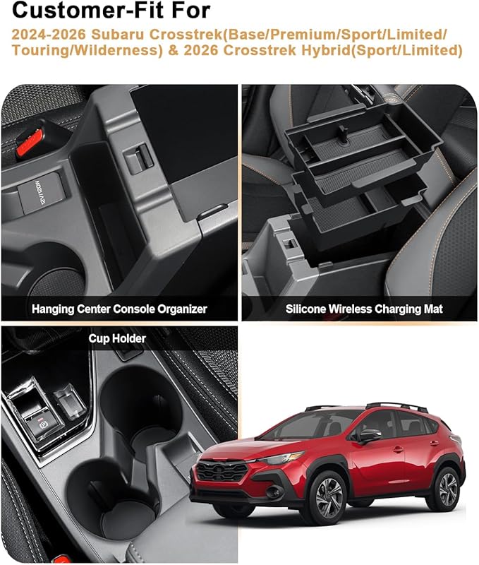 Center Console Organizer Set For 2024-2026 Subaru Crosstrek/Hybrid - 3 Pcs Double-Layer Armrest Box Organizer + Hanging Middle Console Organizer + TPE Cup Holder For 2024-2026 Crosstrek Accessories