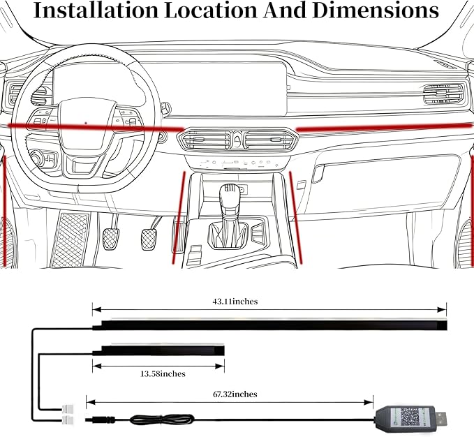 DIBMS Acrylic Car Interior LED Neon Strip Lights, USB Powered with APP Remote Control RGB Music Sync DIY Mode Ambient Lighting Kit for Vehicle Center Console Dashboard Decor
