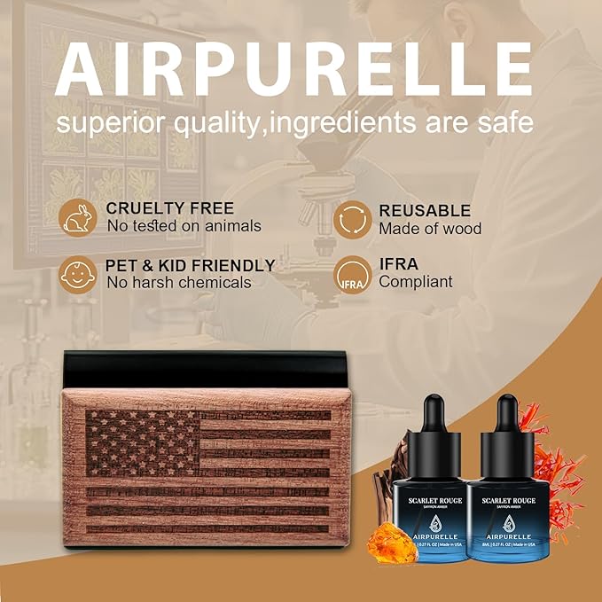 AirPurelle Car Air Freshener with Metal Clip Wood Air Freshener, 90 Days Long Lasting Saffron Amber Scent, Includes 2x 8ML Refills, 0.54 FL OZ, Made in USA, Car Auto Accessories