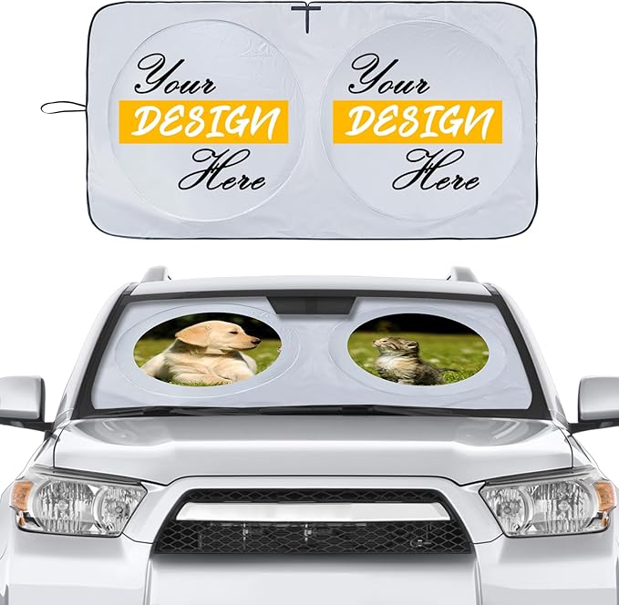 Custom Car Windshield Sun Shade, Personalized Foldable Front Window Sun Visor Protector Shield with Your Customized Photo Text Logo Design, Fits Most Sedans, SUVs, Vans, MPV, Trucks (Large)