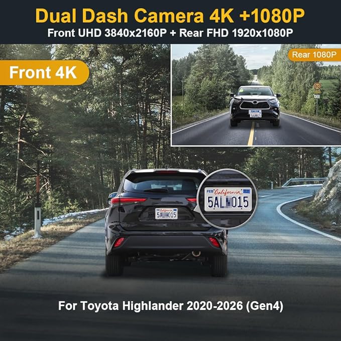 Fitcamx Front 4K+Rear 1080P Dash Cam Adapts for Toyota Highlander 2020-2026 & Hybrid (Gen4/UX70), Integrated OEM Look, Dual HD Video, WiFi & APP, Loop Recording, G-Sensor, Easy to Use, 128GB Card