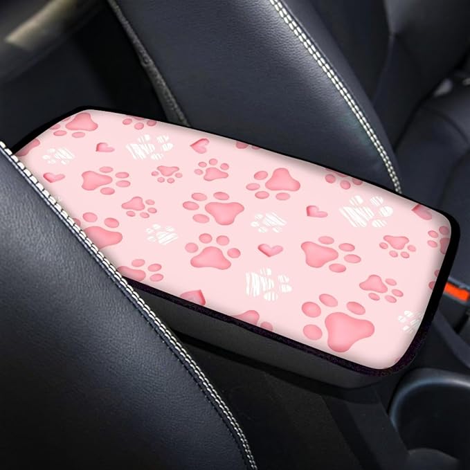 Dreaweet Center Console Cover Pink Dog Paw Accessories for Women Middle Console Covers for SUV Sedan Non Slip Anti Scratch Arm Rest for Car Armrest Storage Box Mat