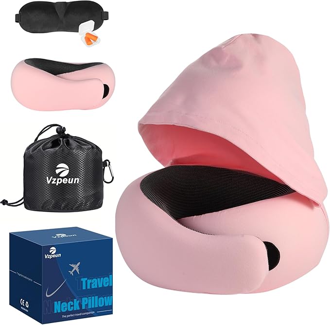 Travel Pillow - Hooded Neck Pillow Airplane Memory Foam Filling for Plane, Office, Cars Sleeping, Road Trip, Long Flights, Airplane Travel Essentials, Includes Eye Mask & Earplugs (Pink)