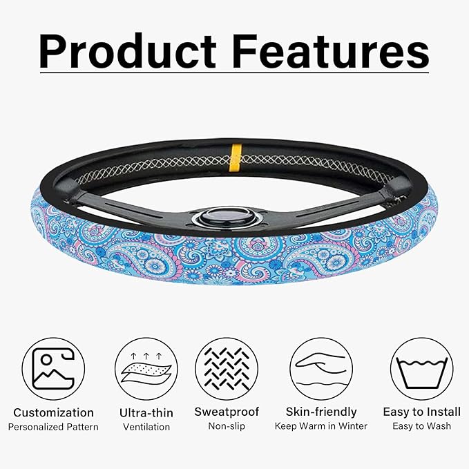 Blue Bohemian Pattern Steering Wheel Cover, Cute Print Steering Wheel Cover Protector, Ultra Thin Breathable Non-Slip, Car Accessories for Women, for Steering Wheel with a Diameter of 14.5"-15"