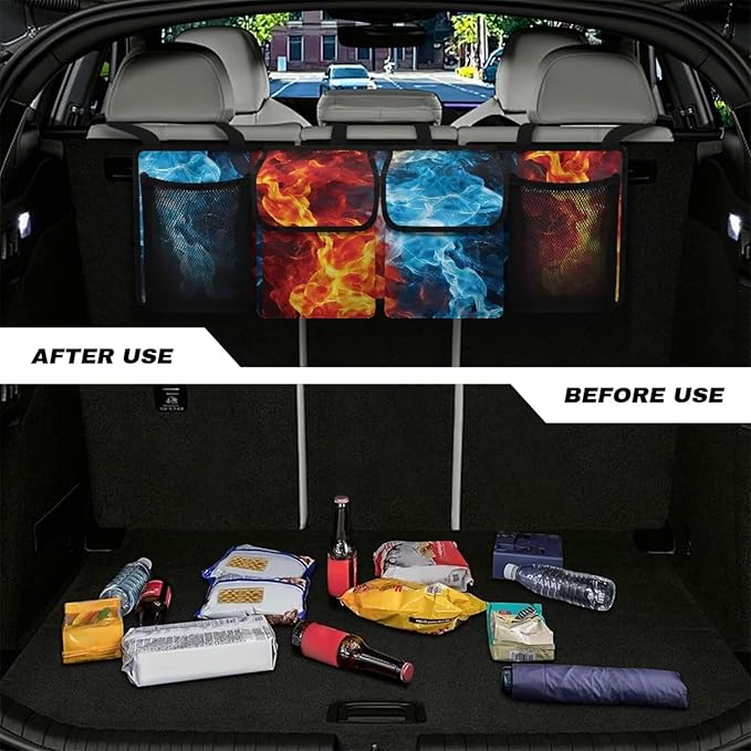 Blue Flame Trunk Organizer for SUV Back Seat Car Hanging Cargo Storage Bag 4 Pockets Car Accessories for Women Interior