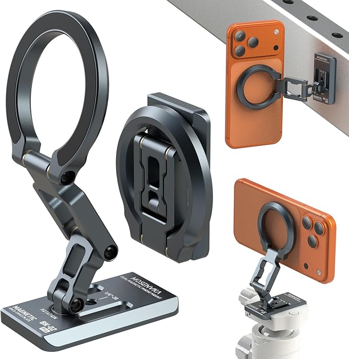 MOSENVKA Dual Magnetic Phone Holder Gym Magnetic Stand,Tripod Phone Mount (1/4'' Hole& ARCA-Swiss),Portable Phone Grip for iPhone 12/13/14/15/16/17-Desk/Car/Gym/Golf Cart/Airplane Use Stand (Silver)